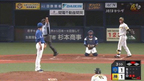 阪神ファン、プレー中にグラウンドにメガホンを落とす