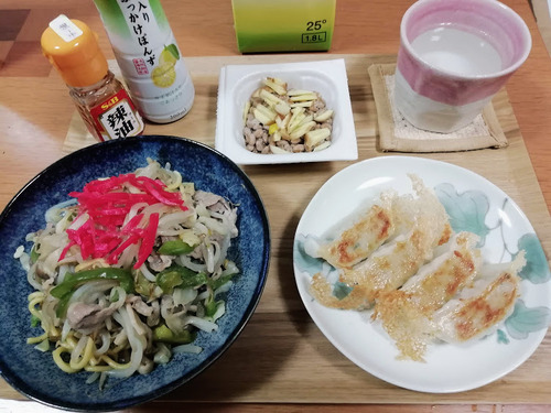 野菜たっぷり塩焼きそば、羽根つき冷凍ギョーザ、納豆