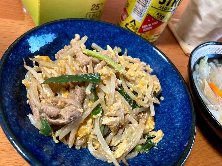 豚ニラもやし卵炒め ペンネ野菜スープ お酒大好き ズボラおばさんのリアルな家呑みとネコ