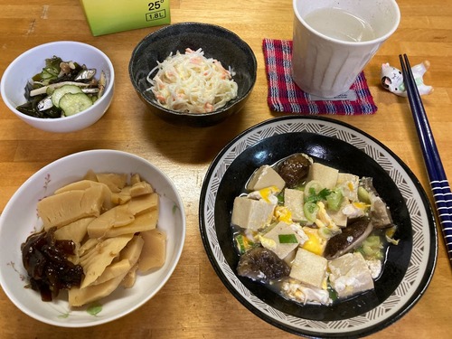 高野豆腐卵とじ、竹の子土佐煮、春雨サラダ他