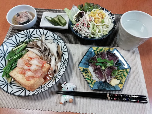 レンジで簡単、厚揚げ野菜蒸し、カツオのたたき他