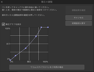 筆圧は左上のクリスタマーク>筆圧検知レベルの調整から調整可能