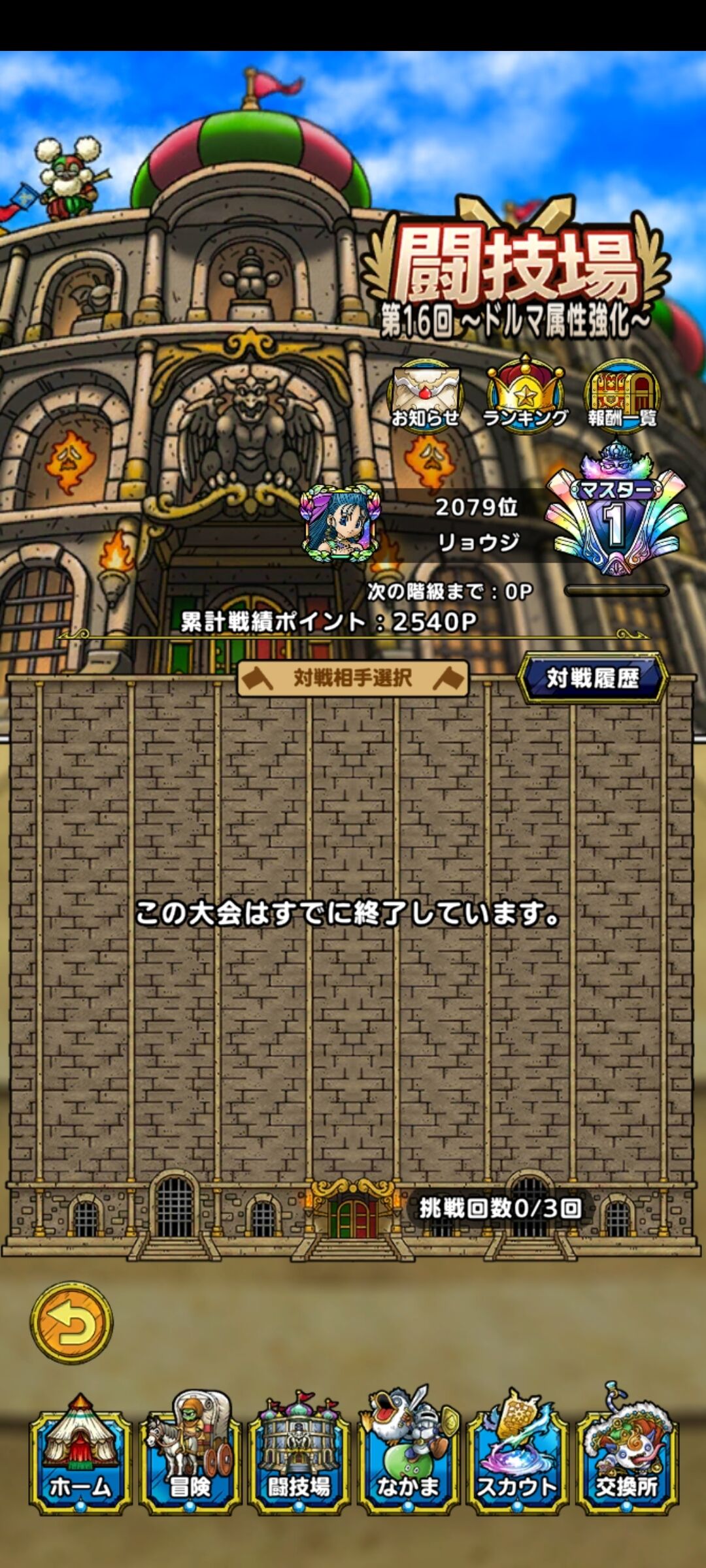 １敗するより悔しい闘技場結果 新７７回 闘技場第１６回結果 お帰りなさいませブロンズトロフィー様 夫婦創作部屋 つぶぁいあーる工房