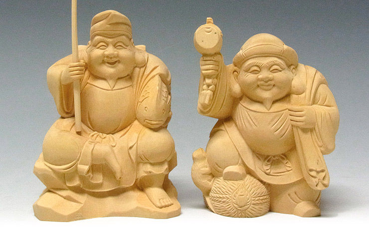 柘植/黄楊(ツゲ) 恵比寿大黒セット ネズミ付き 高さ：10cm