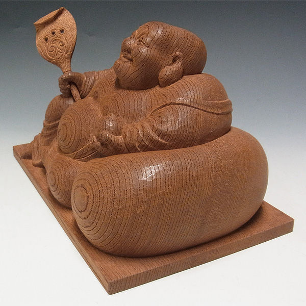 極上欅(ケヤキ) 布袋 木地仕上げ 高さ：15cm 【国内(日本人)仏師作品