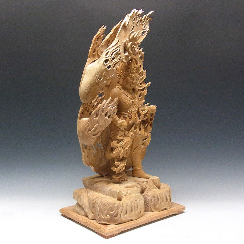 桧/檜(ヒノキ) 不動明王・倶利伽羅・火炎巻光背 高さ：72cm