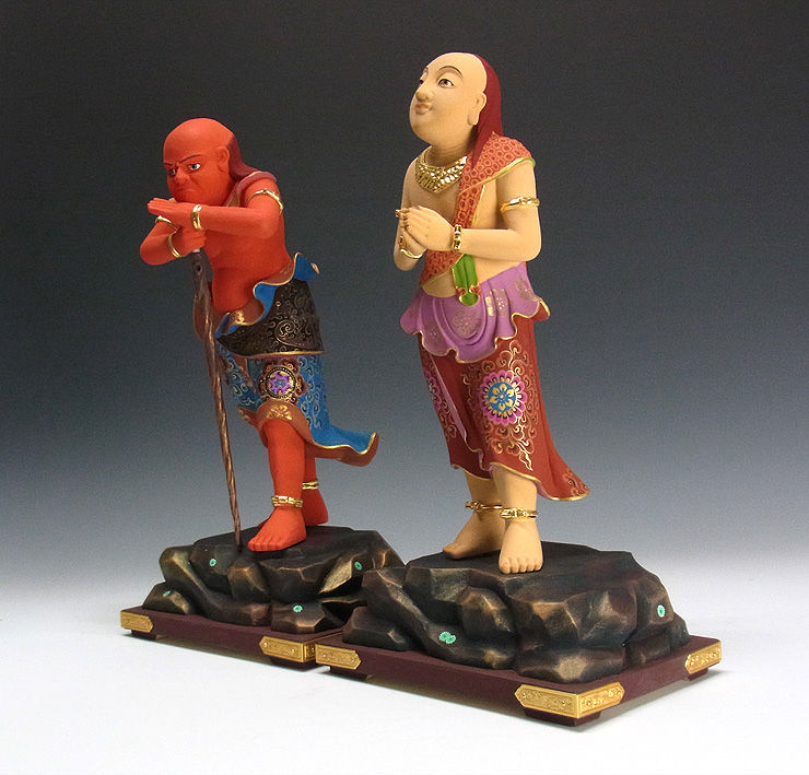 楠 樟 クス 彩色 二童子 矜羯羅 こんがら 制吐迦 せいたか 高さ 37cm 販売 木彫り 龍祥 仏像 木彫り 一刀彫 風水 縁起物 天然石 パワーストーンの販売 通販