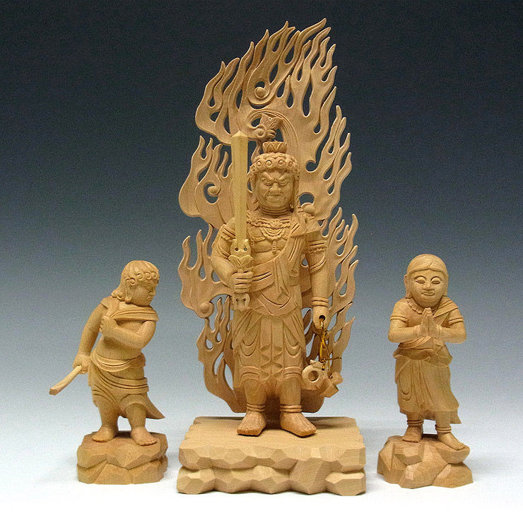 高57cm 仏教工芸品 総楠製 井波彫刻 極上彫 木彫仏像 不動明王三