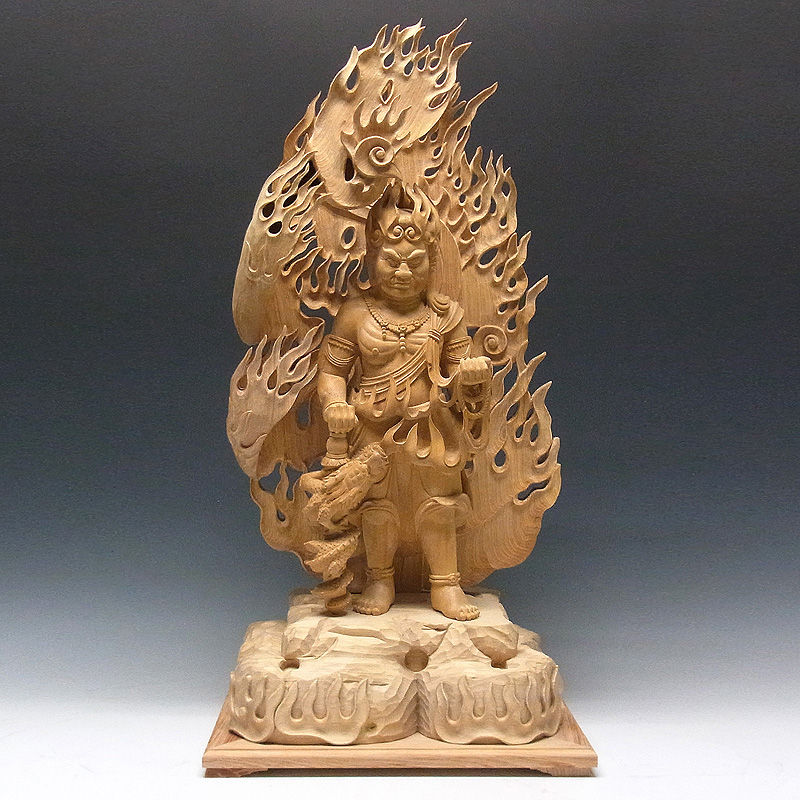 桧/檜(ヒノキ) 不動明王・倶利伽羅・火炎巻光背 高さ：72cm
