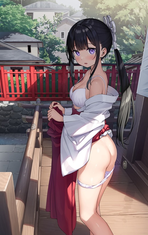 イラスト：カントク【巫女服の女の子 パンツ脱ぎかけ】二次画像