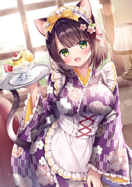 イラスト：三つ葉ちょこ【猫耳 和メイドの女の子】二次画像