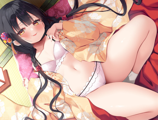 イラスト：麻の葉【黒髪の女の子 はだけた着物 下着】二次画像