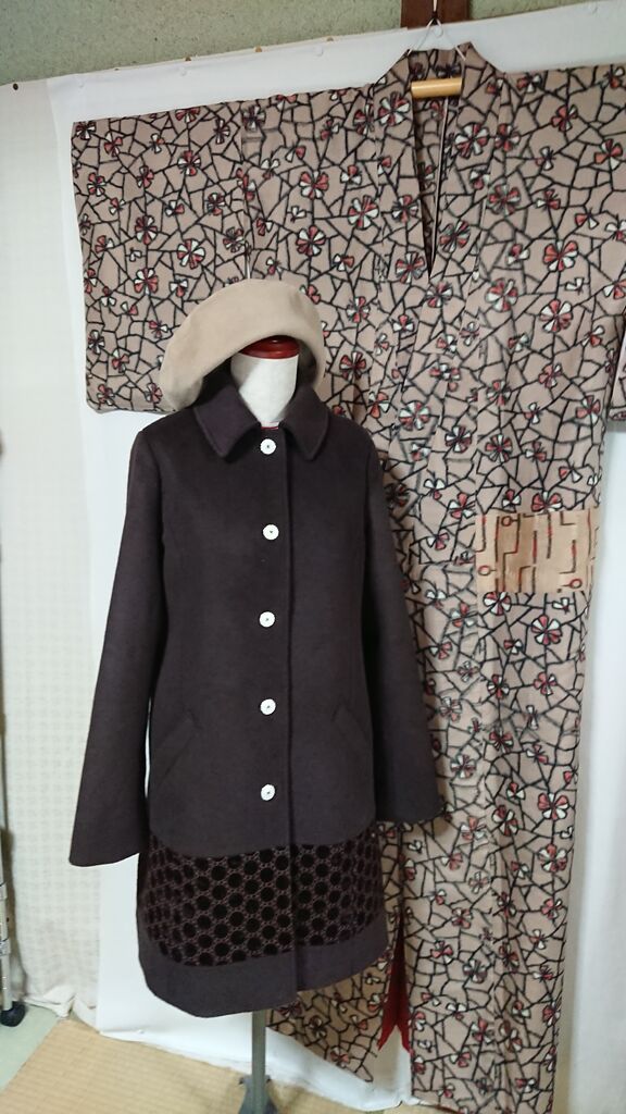 自分用銘仙袷着物 アンゴラウール ベロアコート うめはら和裁教室 大阪市鶴見区jr 放出 はなてん 駅