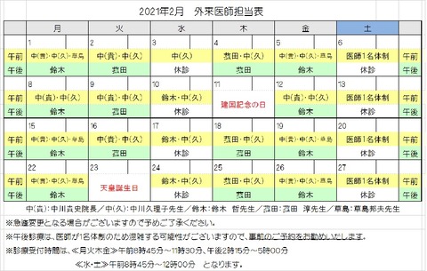 外来医師担当2021年2月