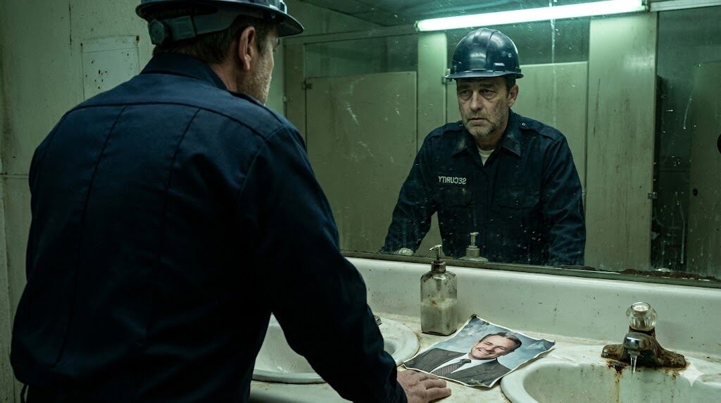 薄暗い工事現場の入り口で、警備員の制服を着てうなだれる初老の男性。手には誘導灯。目の前を華やかなスーツ姿のビジネスマンたちが通り過ぎていく対比。雨が降っている。