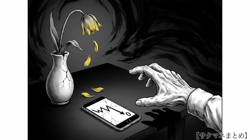 枯れたチューリップと暴落チャート、絶望する手