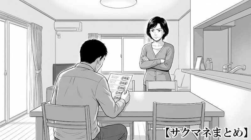 健康診断の結果を見つめる田中と、腕を組んで立つ妻