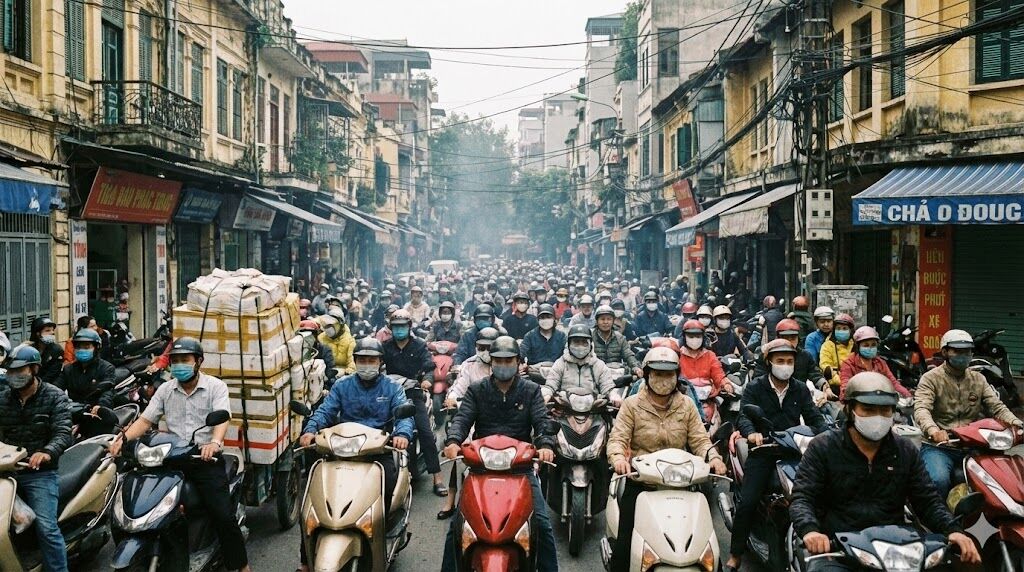 ハノイのすさまじいバイク渋滞の様子