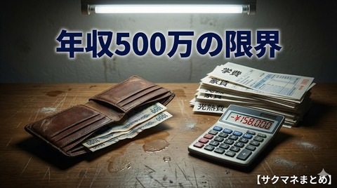 年収500万の限界と書かれた財布と請求書の山
