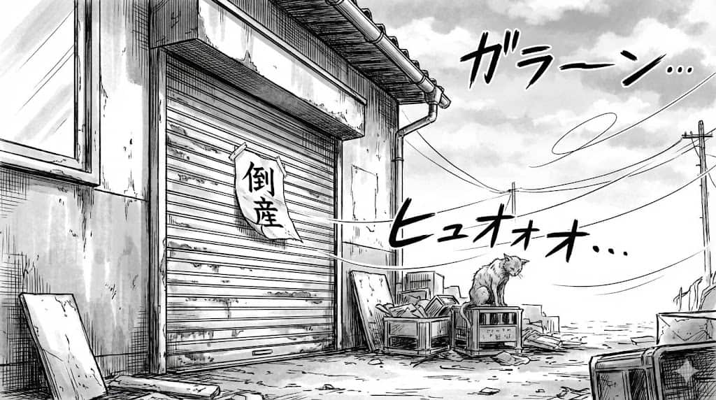 シャッターが閉まった町工場。「倒産」の貼り紙。その前でうなだれる老人。遠くにはピカピカの巨大な本社ビルが輝いている対比。