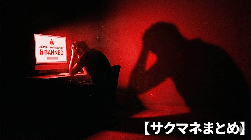 PC画面に表示された赤い『ACCOUNT BANNED』の文字と、それを見て絶望し頭を抱える50代男性の背中