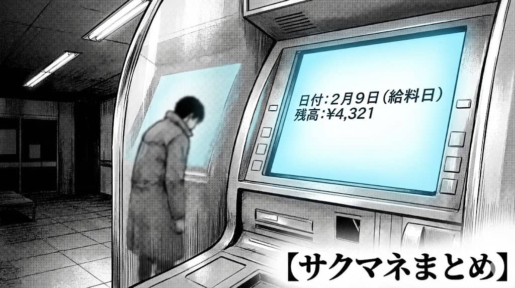 ATMの前で立ち尽くす男の劇画