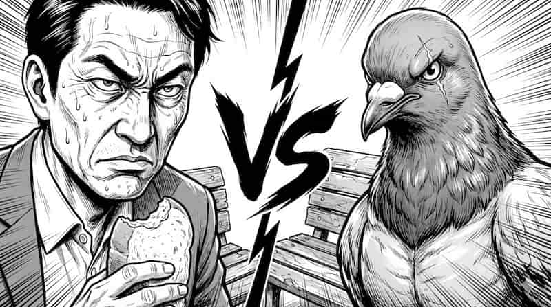 公園のベンチでハトとパンを取り合う必死な形相の課長