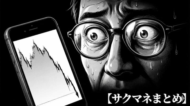 暴落するチャート画面と、冷や汗を流す男性の目元のアップ