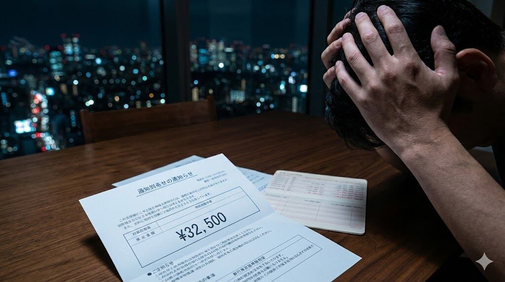 ダイニングテーブルで高額な請求書を見つめ、頭を抱えて絶望する田中。背後には冷たいタワマンの夜景。