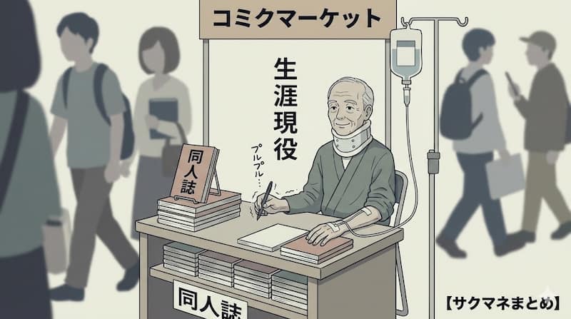 点滴を打ちながら即売会で売り子をするシュールな老人