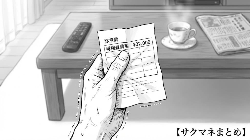 再検査費用32,000円の請求書を手に持つ田中の手