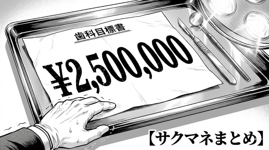 歯科医院の冷たいトレイの上に置かれた見積書、250万円の数字