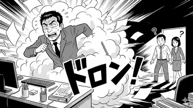 オフィスから忍者走りをして逃げ出すスーツ姿の課長