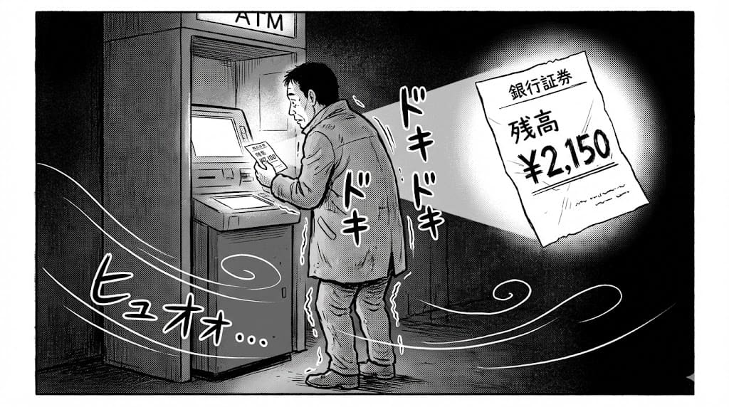 ハローワークの検索端末の前で立ち尽くす後ろ姿。画面には低賃金の求人が並ぶ。背中には「ドーン」という重い衝撃音の描き文字。