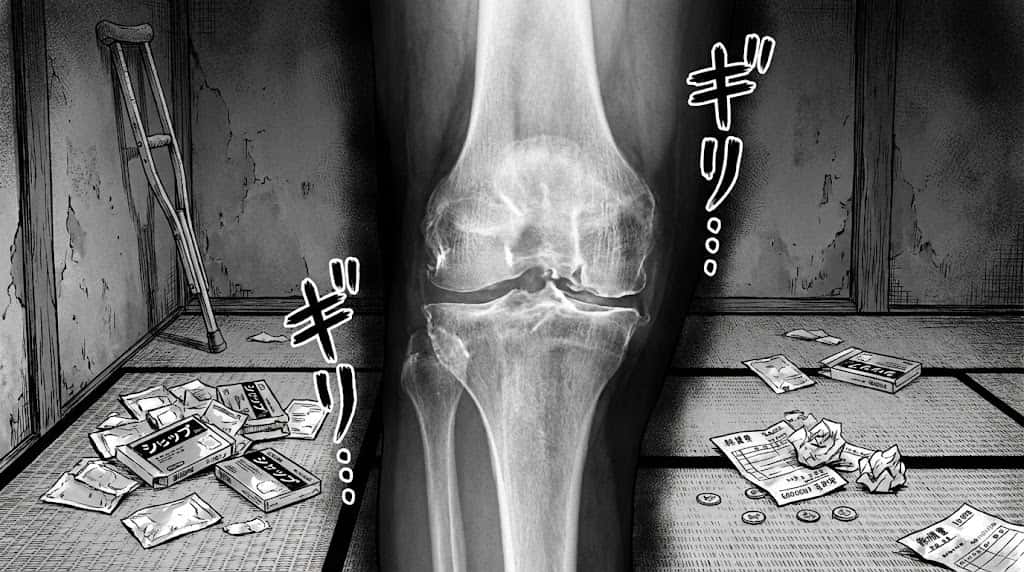 膝のレントゲン写真と散らばる湿布、医療費の領収書