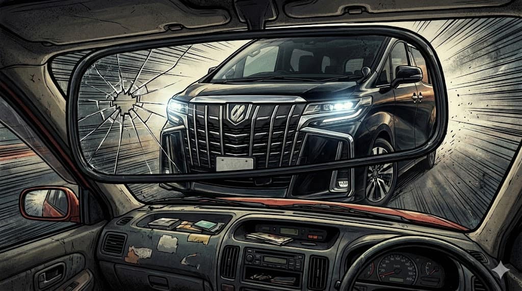 軽自動車をバックミラー越しに威圧する高級ミニバンの運転席から見た視界