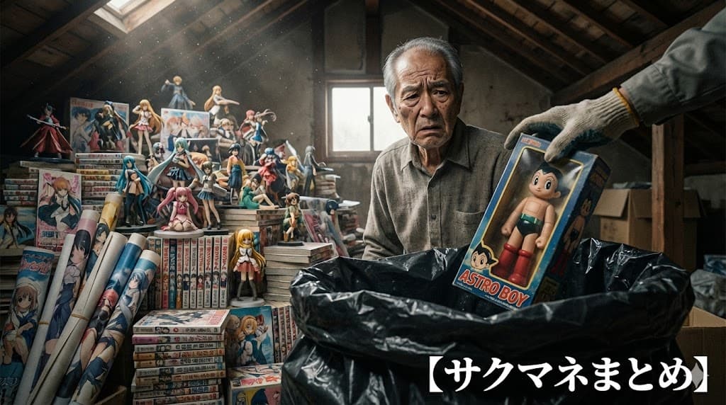 大量のフィギュアや同人誌に囲まれた部屋で、遺影を前に親戚が「これ、どう処分すればいいの……」と途方に暮れる中、ゴミ袋に入れられるレアグッズの悲哀。