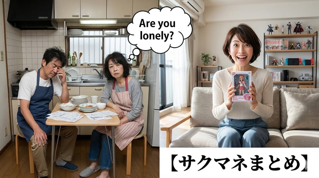 地元の同窓会で、既婚の友人が「まだ独身なの？将来どうするの？」と憐れみの表情で問いかけ、独身女性が心の中で「都心のマンション持ち家だわ！」と毒づく対比図。