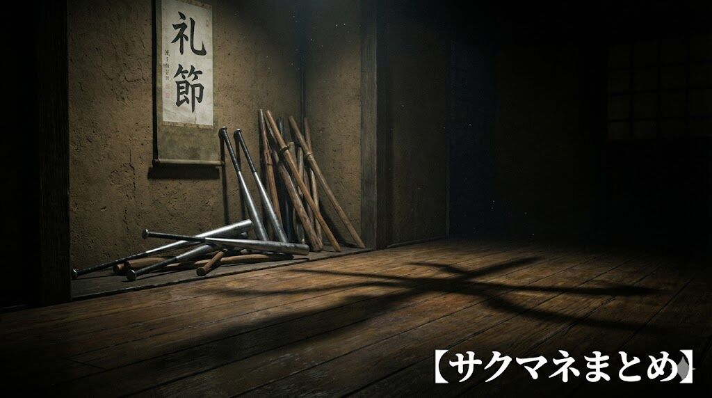 古びた空手道場の片隅で、木刀や金属バットが置かれている不穏な光景。壁には「礼節」の文字があるが、影が長く伸びている。