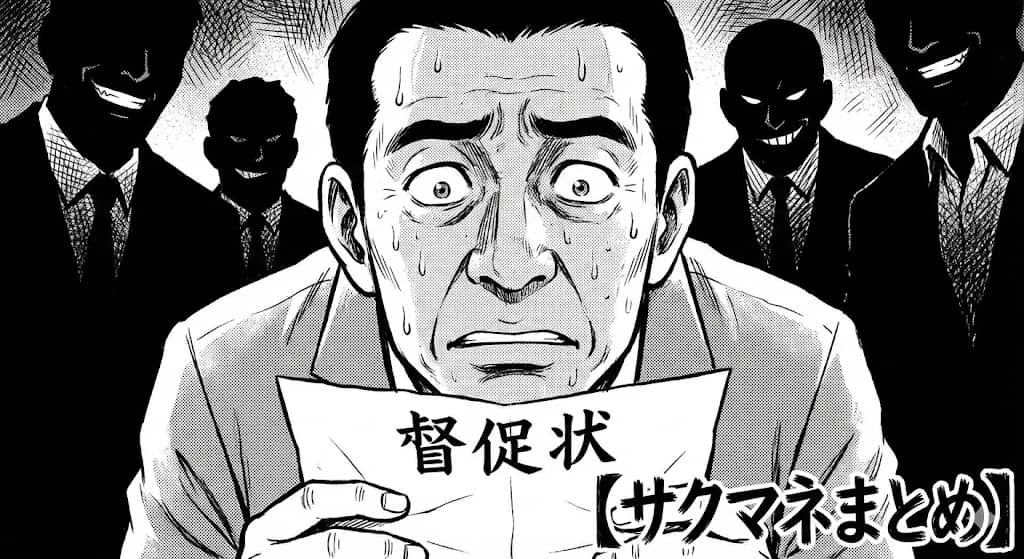 脂汗を流し通知書を見る50代男性（劇画調）