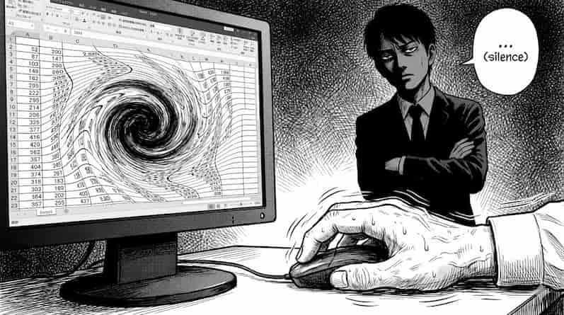 歪むエクセル画面と冷酷な上司の視線