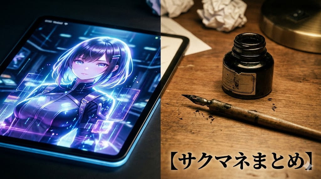 最新のAI生成画像と、使い古されたGペンが並べられたデスクの対比イメージ