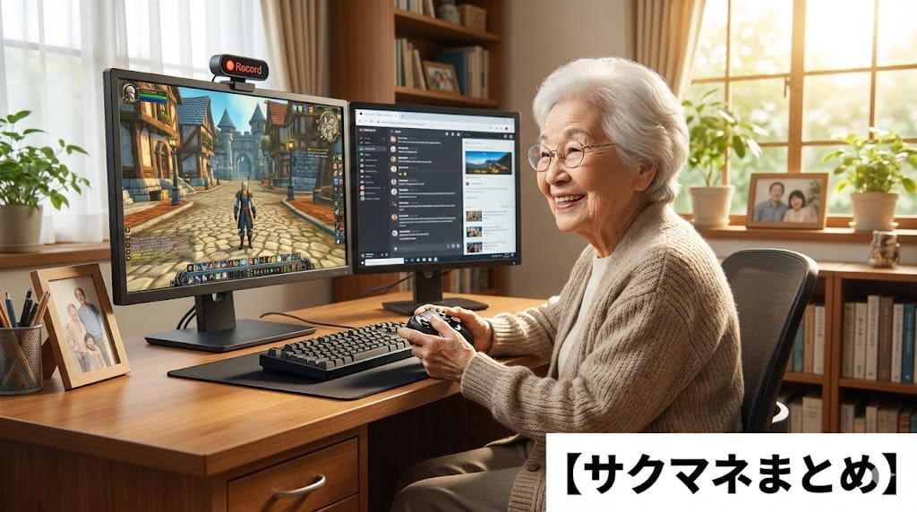 91歳の高齢女性が、最新のゲーミングPCの前で笑顔でオンラインゲームを楽しんでいる、希望に満ちた老後の風景。