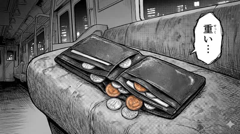 電車のシートに置かれた小銭でパンパンの財布