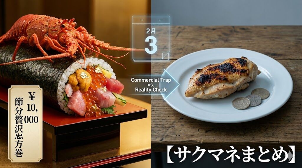 豪華な海鮮恵方巻きと、それとは対照的な安い鶏胸肉の塩焼きが並ぶ食卓のイメージ。