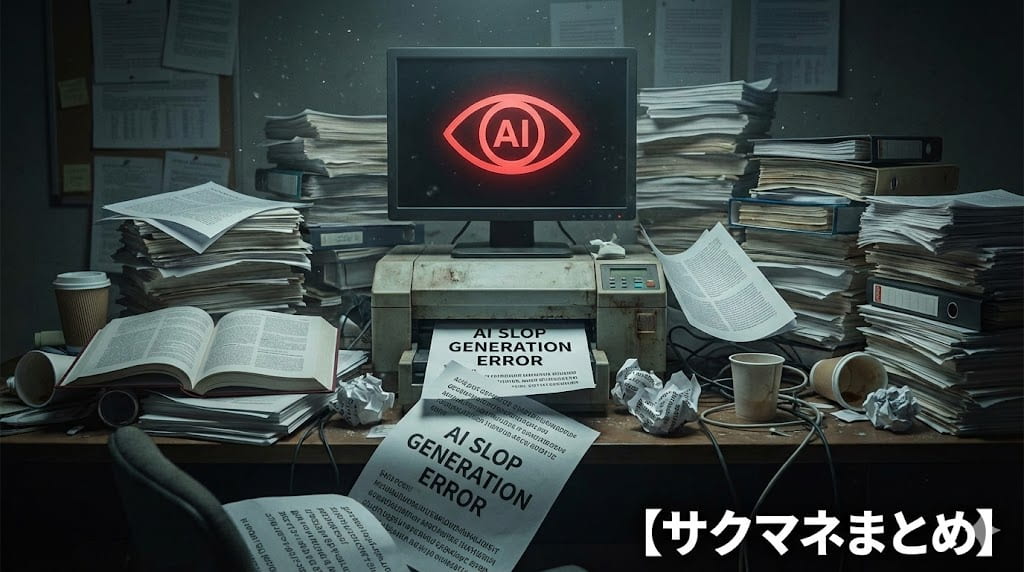 山積みの捏造された学術論文と、その背後で不気味に光るAIの目。科学の崩壊を象徴するダークなイメージ