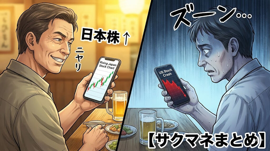 スマホで日本株の上昇を見てニヤつく男性と米国株を見て青ざめる男性