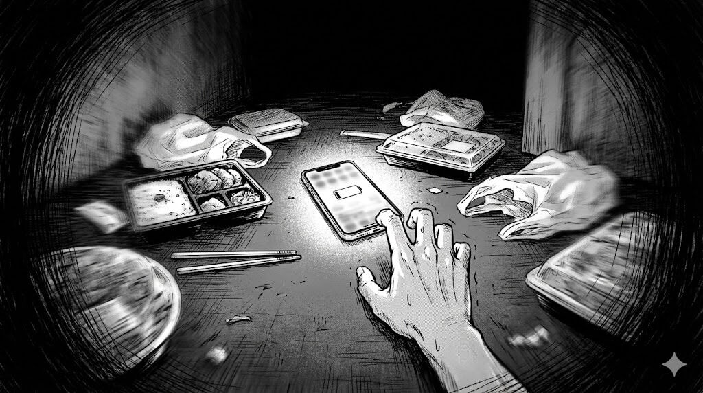 床に倒れ伏し、スマホへと手を伸ばすが届かない男性の主観視点。視界の端は黒くぼやけ（トンネル効果）、目の前にはゴミの山が迫っている。スマホの画面だけが虚しく光っている劇画
