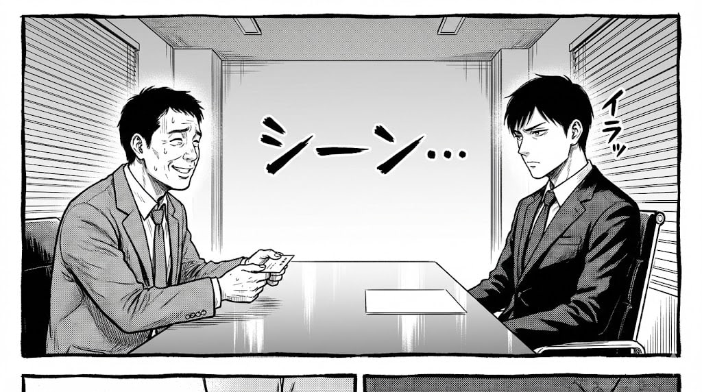 エージェントとの面談シーン。冷ややかな目の担当者に対し、脂汗をかいて必死に説明する佐藤氏。背景には「しーん…」という沈黙のオノマトペ。