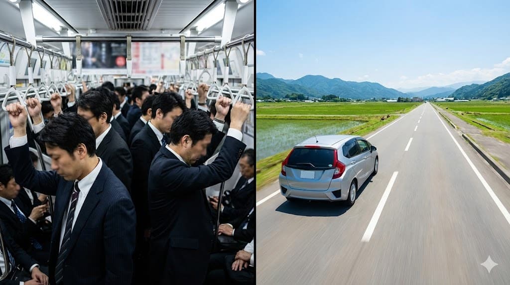 都会の満員電車と、地方の田舎道を悠々と走る軽自動車の対比